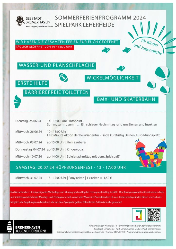 Poster des Sommerferienprogramms 2024 im Spielpark Leherheide